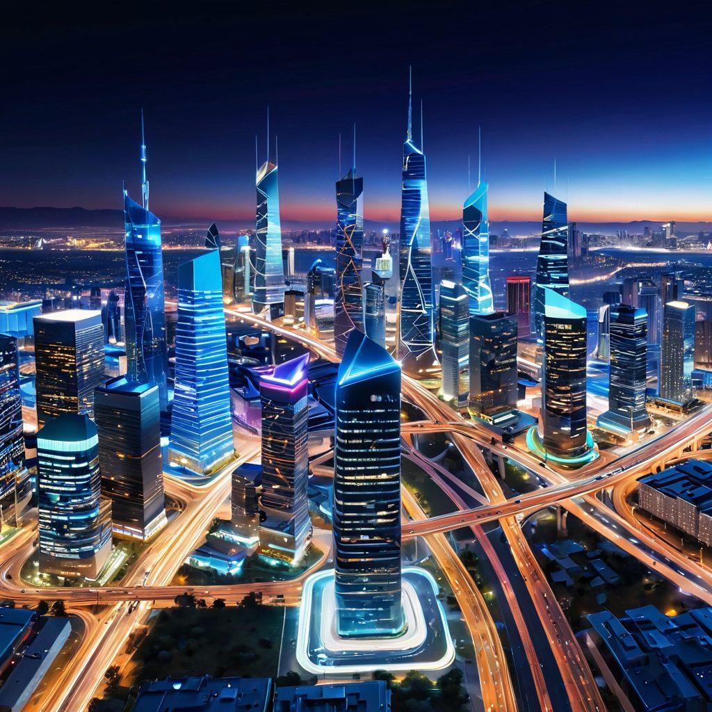 A futuristic telecommunications hub showcasing seamless data transfers, with bright flowing data streams represented as vibrant light trails connecting various devices like smartphones and servers. The background features a sleek, modern city skyline symbolizing advanced infrastructure. Incorporate elements of wireless communication like satellites and towers, all under a clear blue sky. super-realistic. vibrant colors. digital art.