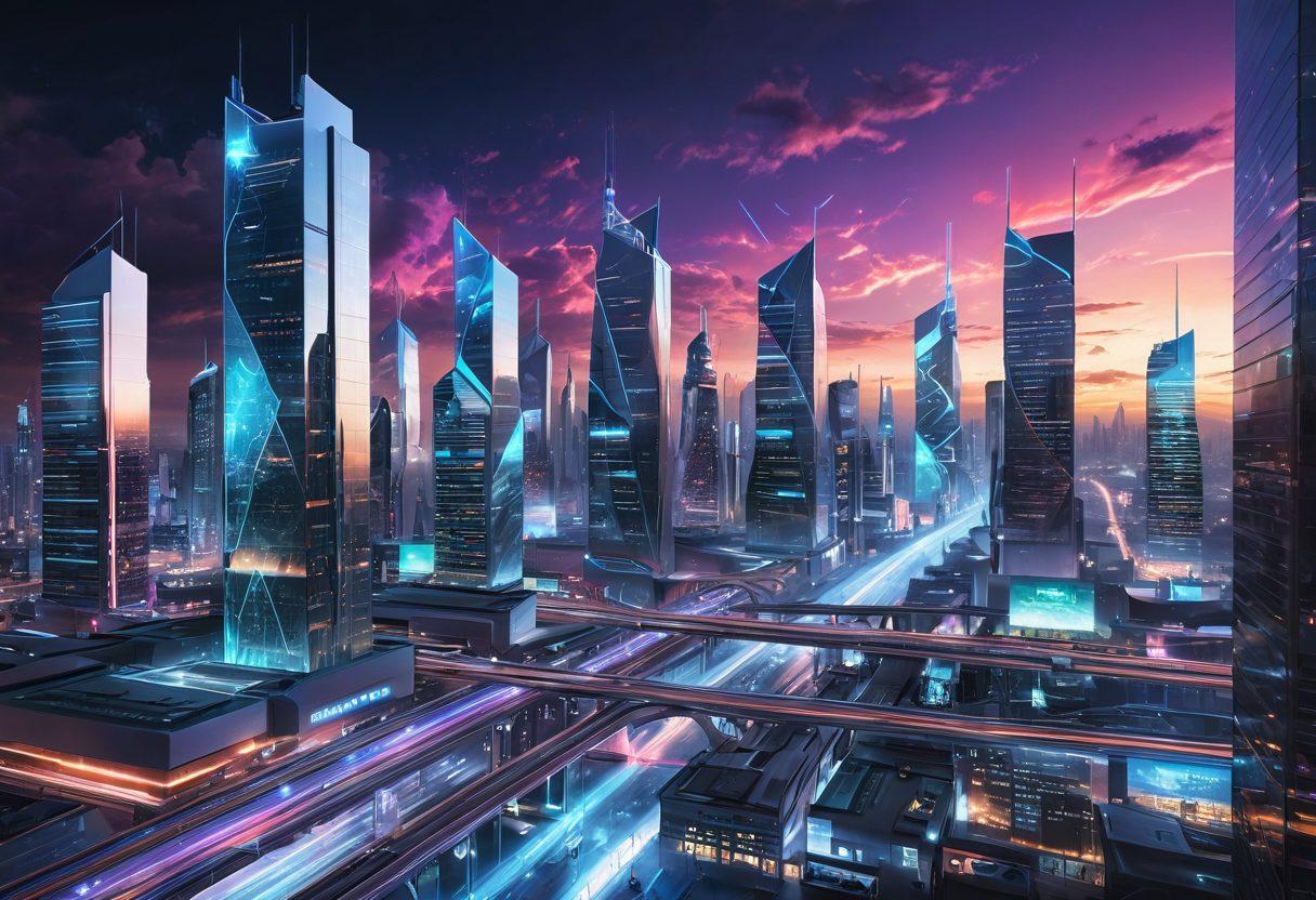 A futuristic cityscape showcasing advanced network infrastructure, with glowing data streams flowing between high-rise buildings. Include a central focal point of a sleek, modern facility labeled 'Trasnet', surrounded by digital holograms and icons representing connectivity and innovation. Add a dynamic sky with a blend of vivid colors to symbolize the digital future. The overall atmosphere should be vibrant and inspiring. cyberpunk. vibrant colors. super-realistic.